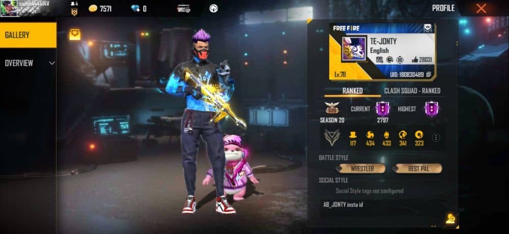 free fire id ,name, avatar, rank status of ab jonty gaming