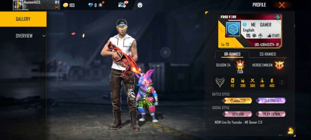 Me gamer id, nickname and level in Free Fire. Photo of his free fire profile.