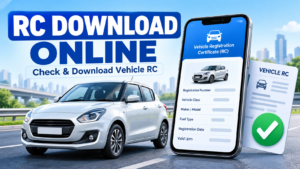 How to Check and Download RC Online: Vehicle Registration Certificate RC Download Online guide showing a vehicle registration certificate on a smartphone beside a car